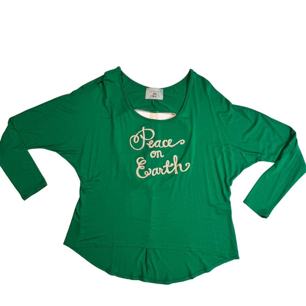 Judith March Top Womens Large Peace On Earth Christmas Green Peace Sign Shirt
